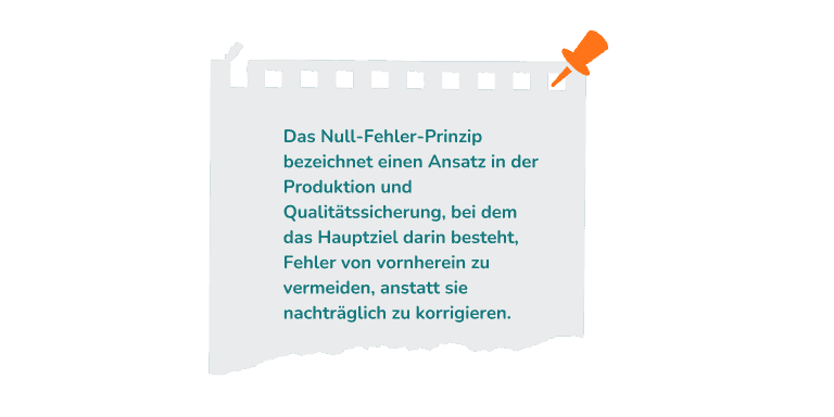 2 / 2 Das Null-Fehler-Prinzip bezeichnet einen Ansatz in der Produktion und Qualitätssicherung, bei dem das Hauptziel darin besteht, Fehler von vornherein zu vermeiden, anstatt sie nachträglich zu korrigieren. Es legt den Fokus auf präventive Maßnahmen und kontinuierliche Verbesserung, um eine hundertprozentige Fehlerfreiheit in Prozessen und Endprodukten zu erreichen.